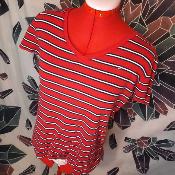 Tommy Hilfiger V-neck Striped Shirt embroidered icon size large - Picture 1 of 8